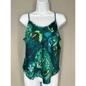 90s Vintage Top Womens Medium Green Floral Satin Cami Boho Bohemian Cottage